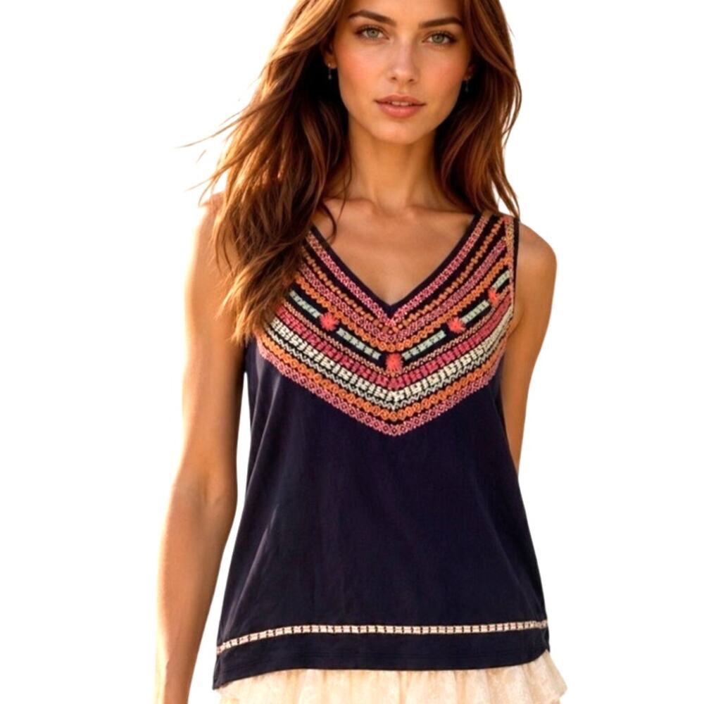 THML Embroidered Tank Womens Large Navy Knit V-Neck Boho Sleeveless Top *FLAW